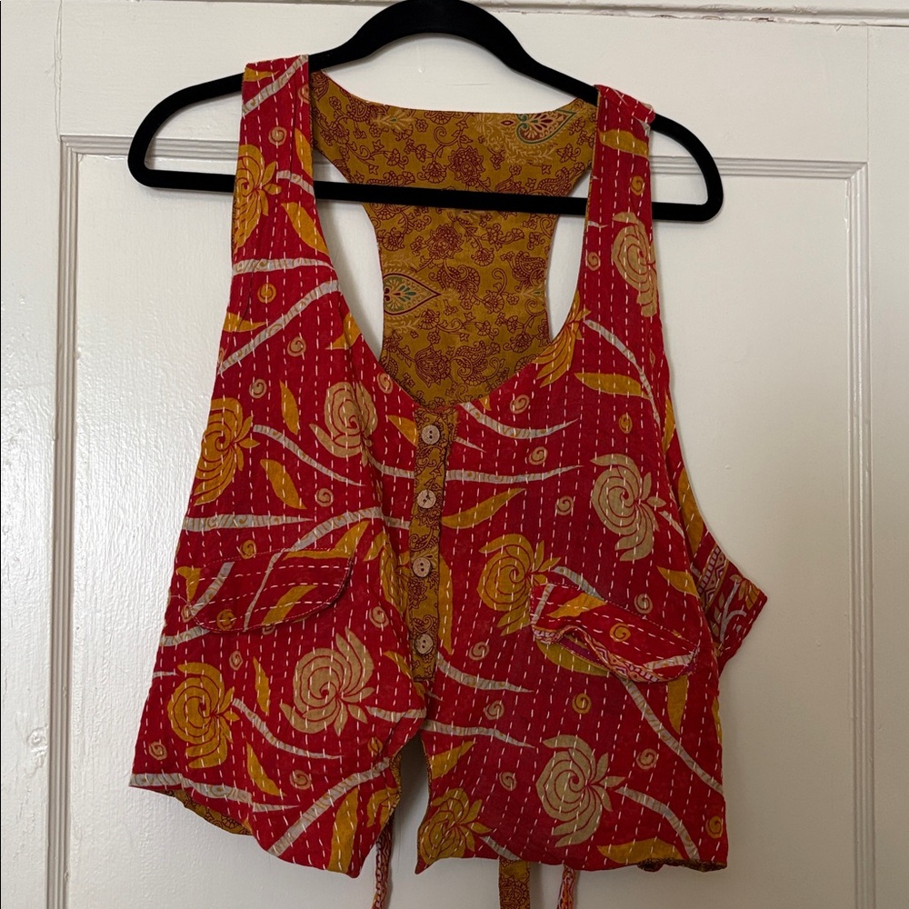 Boho Mustard Paisley Button-Front Tank Top - Picture 3 of 5
